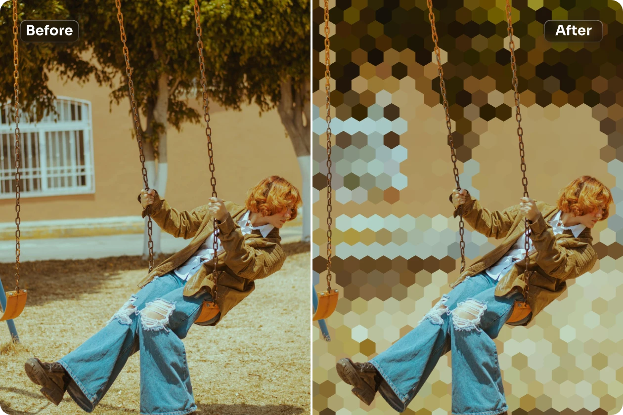 pixelate the background of a woman playing on a swing photo with ai ease