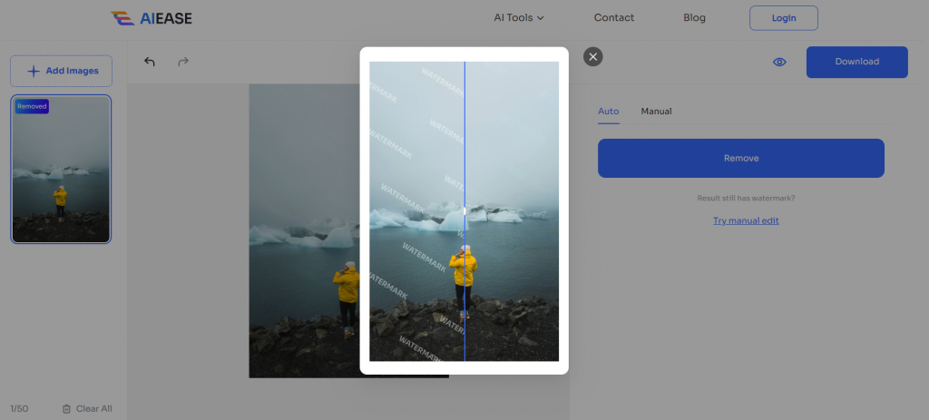 preview the before and after effect of removing image text watermark in AI Ease