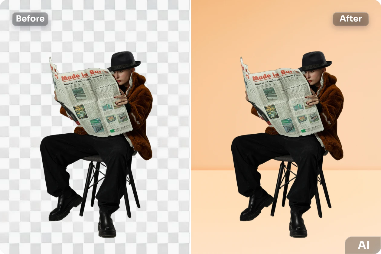 remove and change male reading newspaper image background into light orange in AI Ease