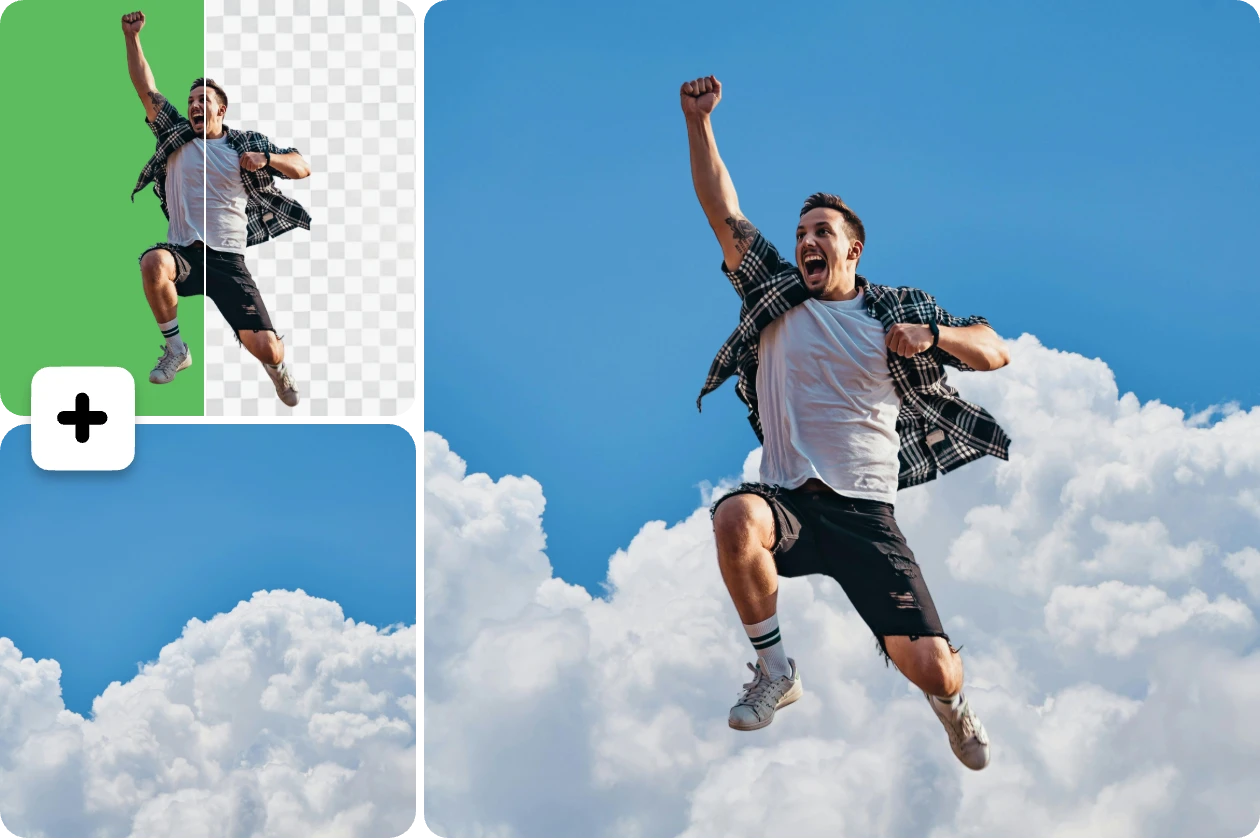 remove green screen and add a blue sky backdrop to a man jumping photo