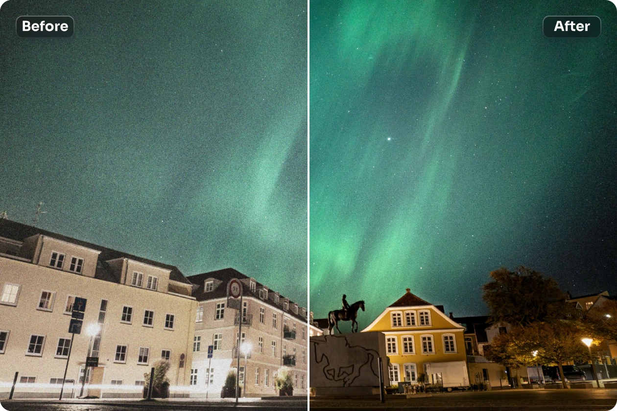 remove the noise from the aurora image using AI Ease for free