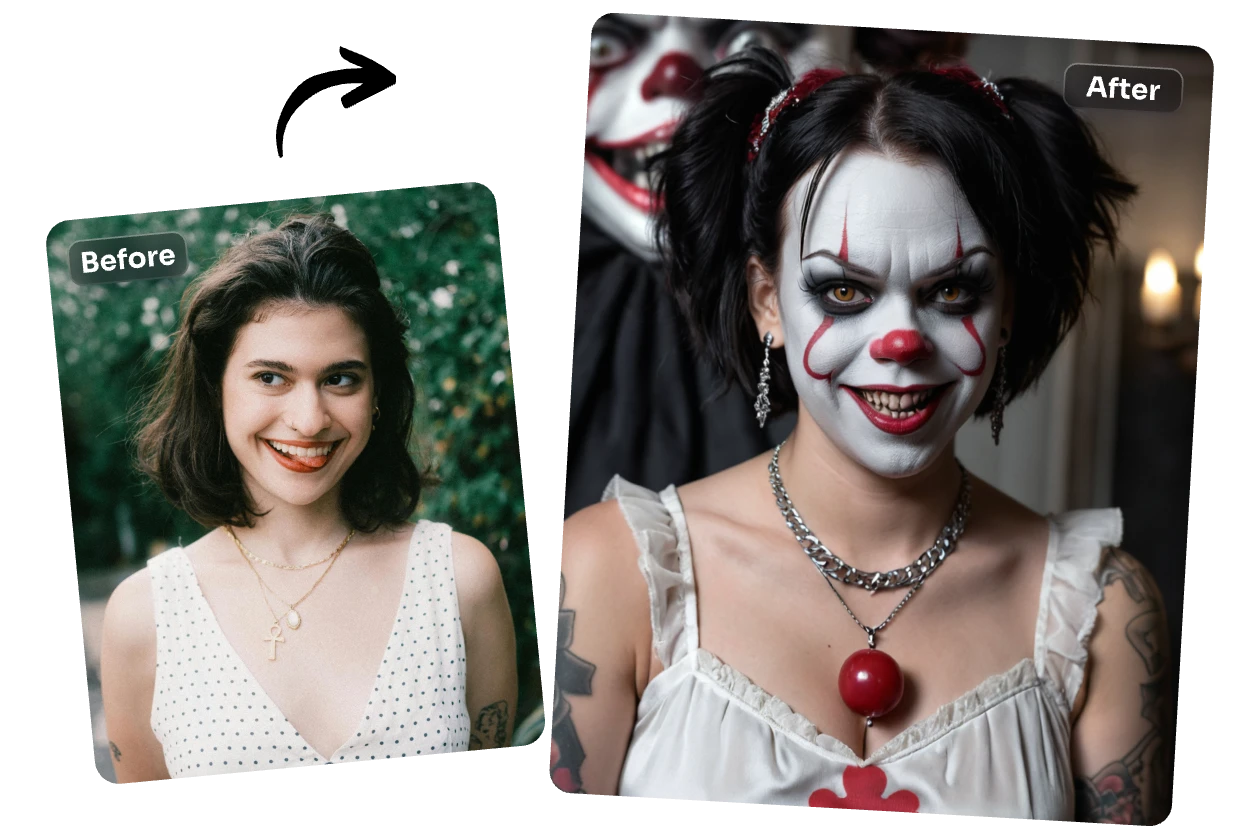 transform a girl wearing white dress into a clown face with halloween filter