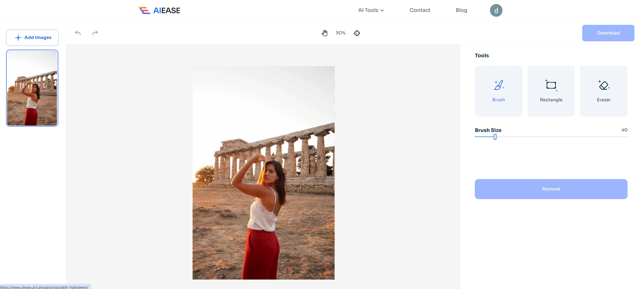 upload a female portrait of tourist against ancient temple photo to ai ease