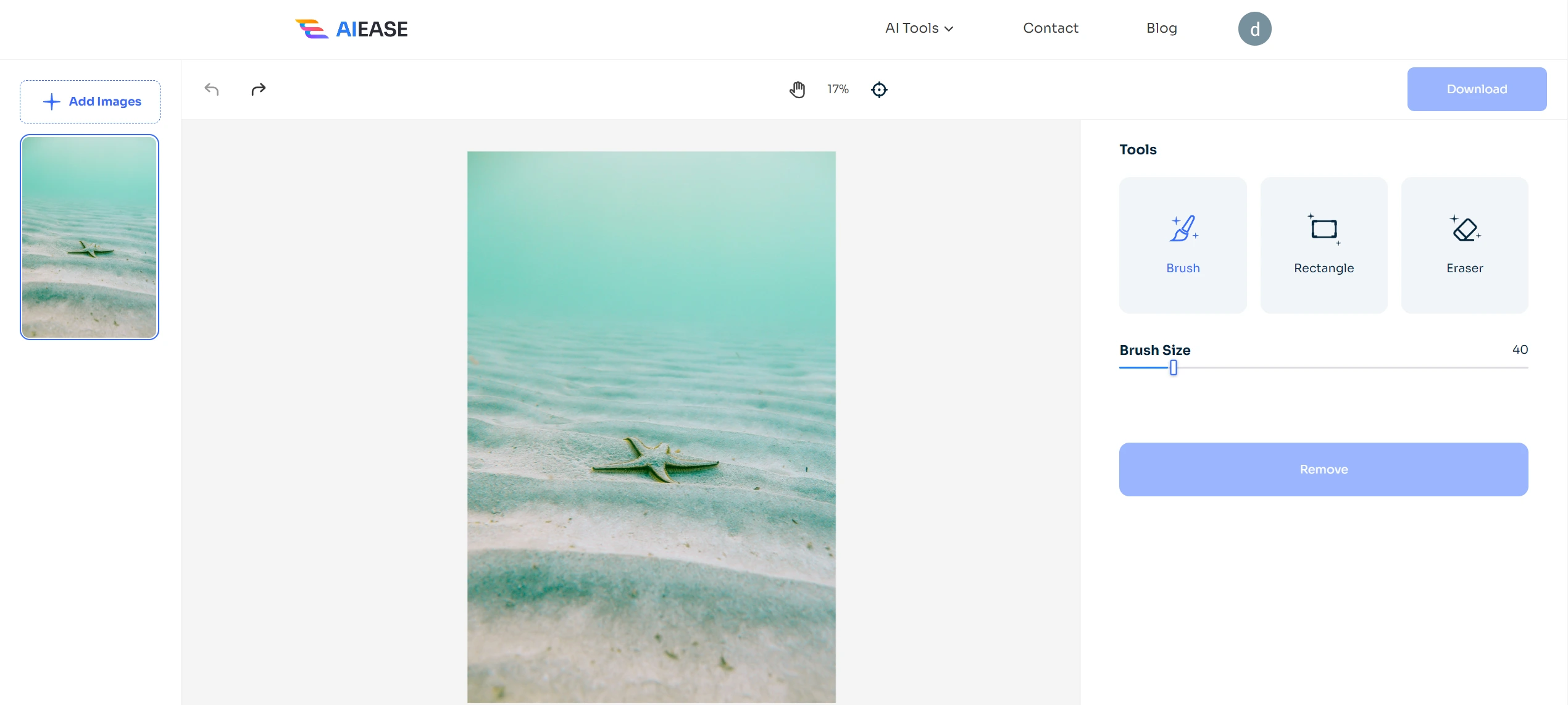 upload a starfish on beach photo to ai ease free ai object remover