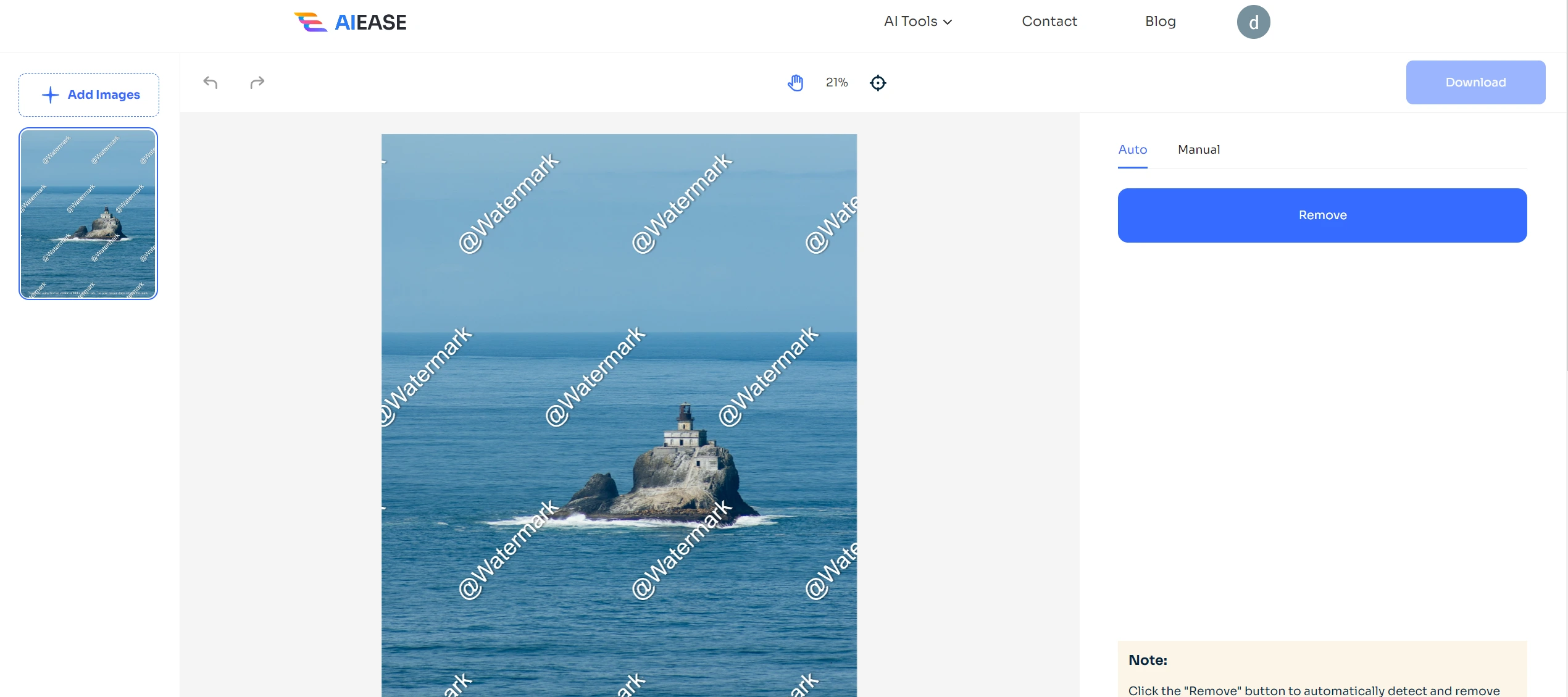 upload a watermarked photo to ai ease free image watermark remover