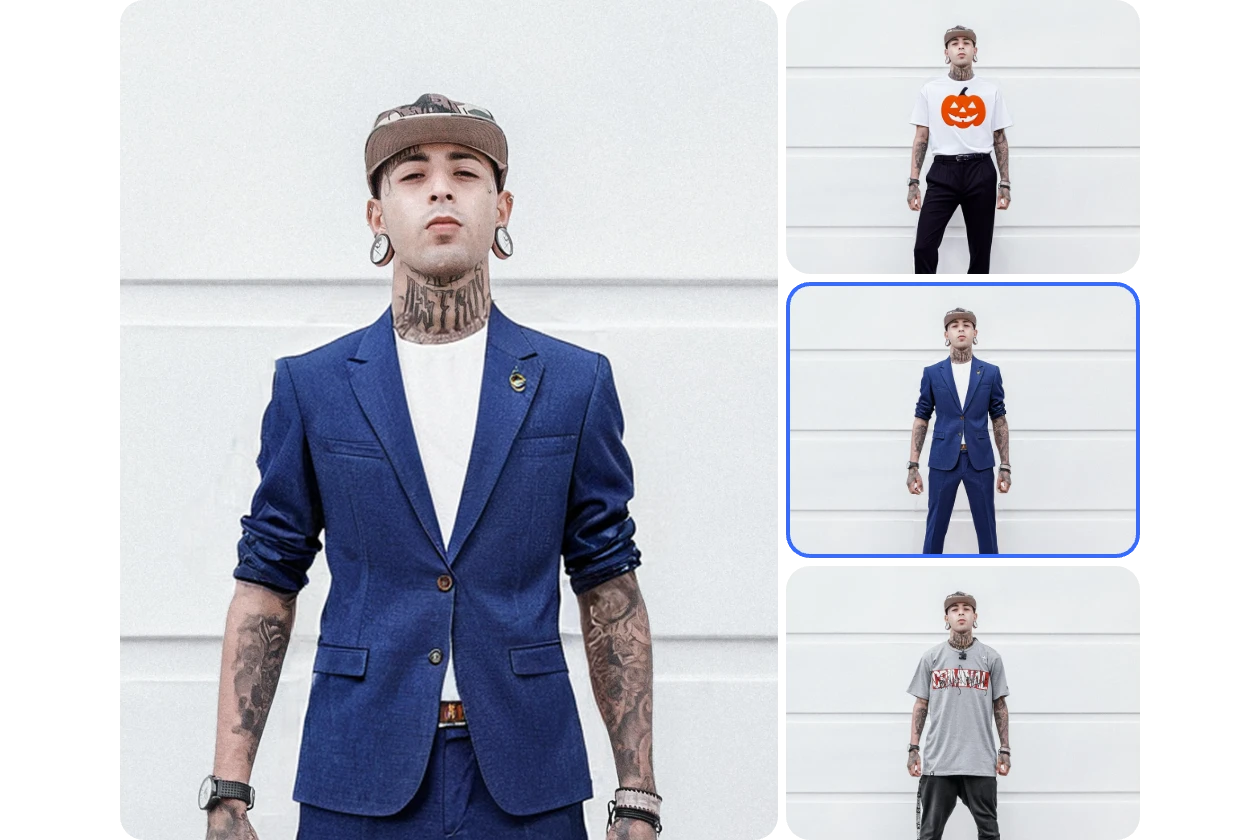 a man virtually try on blue suit halloween shirt and hoodie with ai