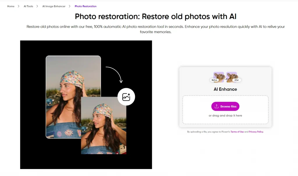 a screenshot of picsart photo restoration tool interface