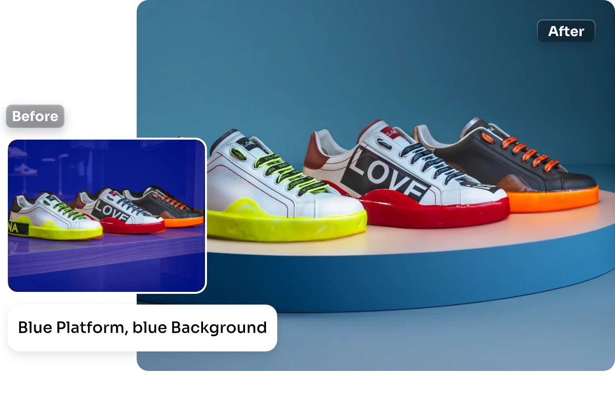 add a platform and blue background to boost martketing material for sneaker products