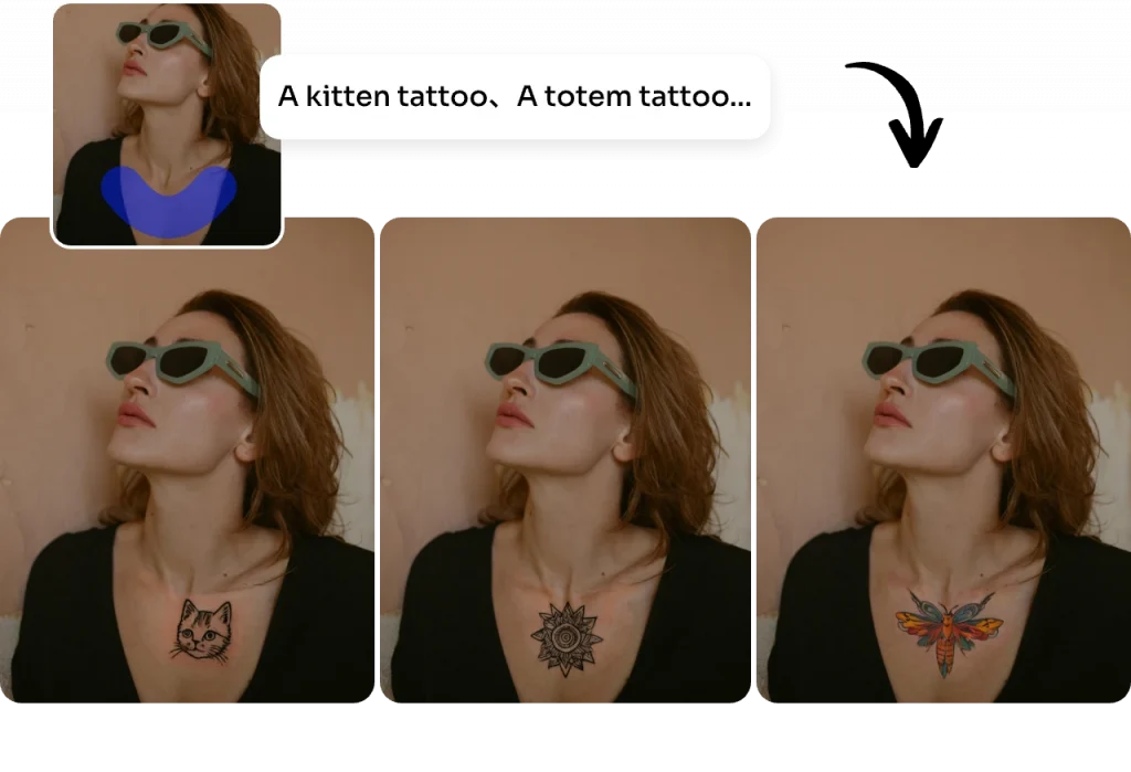 add litten tattoo totem tattoo and butterfly tattoo on a woman chest