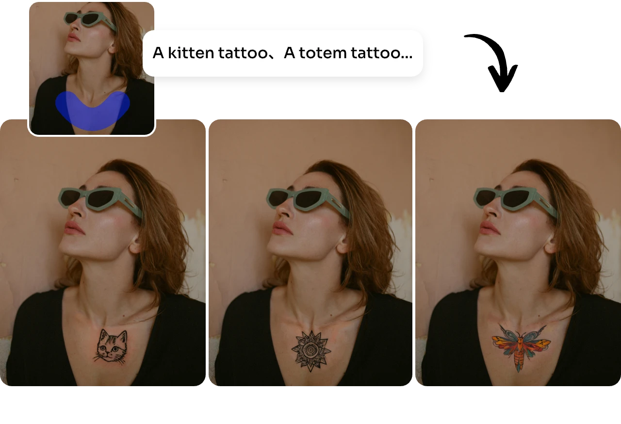 add litten tattoo totem tattoo and butterfly tattoo on a woman chest