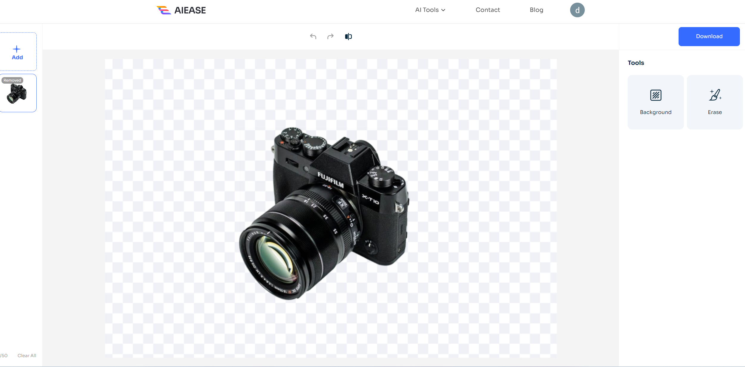 ai ease automatically removes background of a camera photo with white background