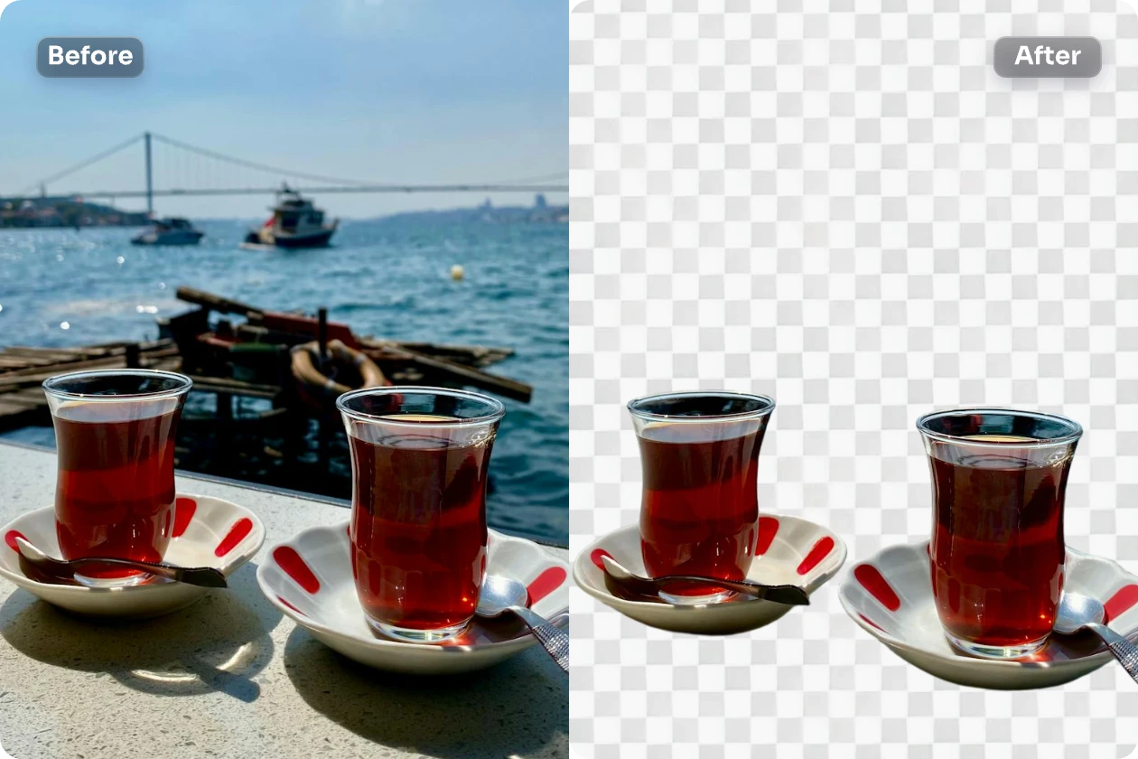 before and after contrast of removing background from two cups of coffee photo