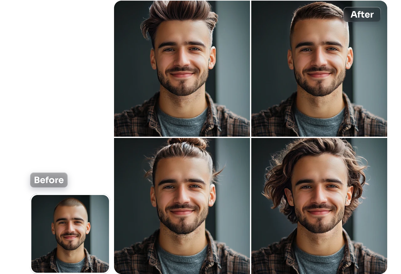 change male hairstyle into four different styles using AI Ease hair simulator for man