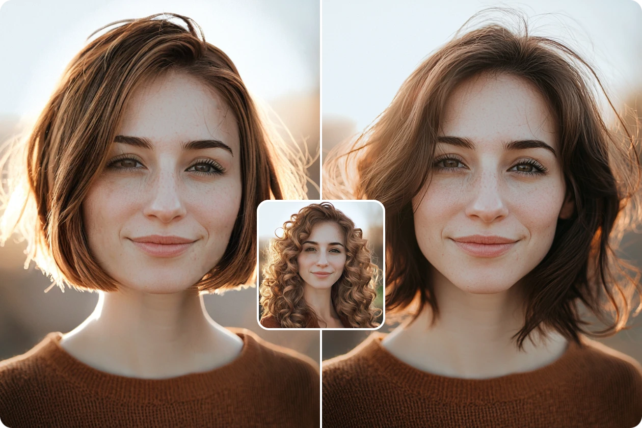 change the long curly hairstyle into two different bob haircuts using AI Ease for free