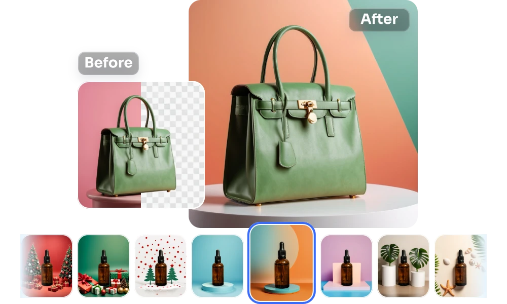 choose the AI scene and generate backgrounds for bag image in AI Ease