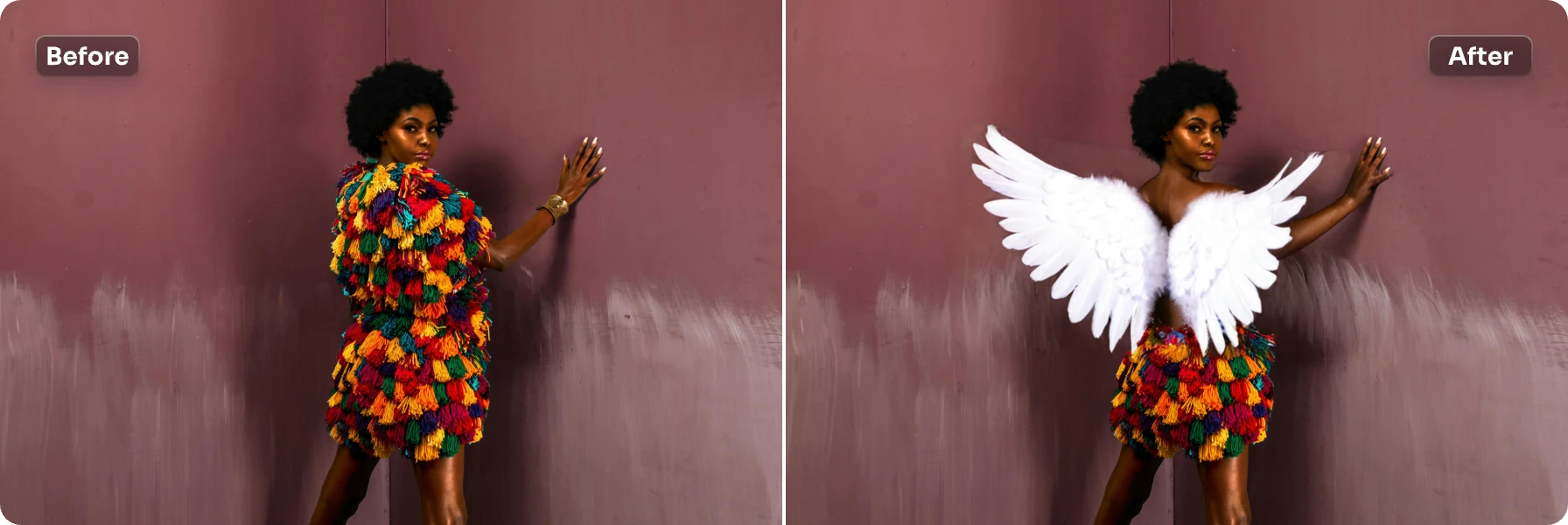 contrast of adding an angel wings to a woman photo