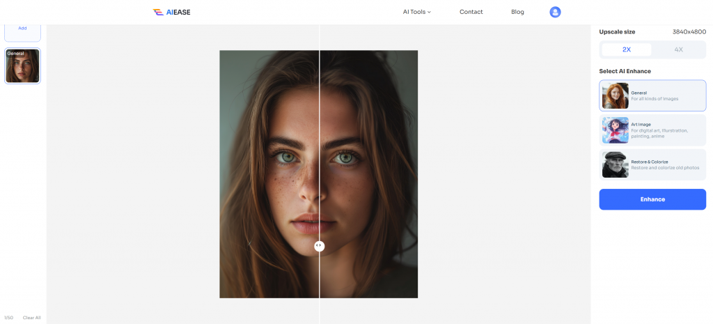 enhance a woman portrait in aiease photo enhancer