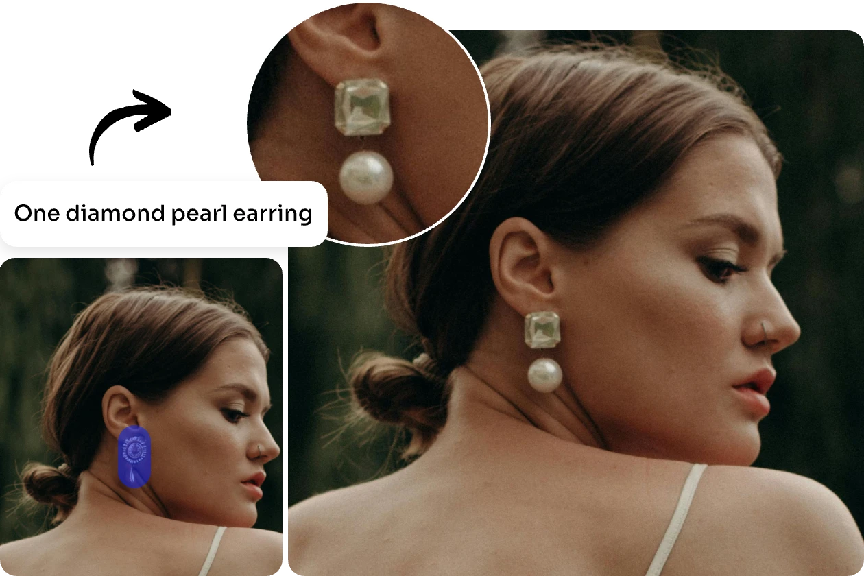 replace woman's earrings with diamond pearl earrings with ai object replacer