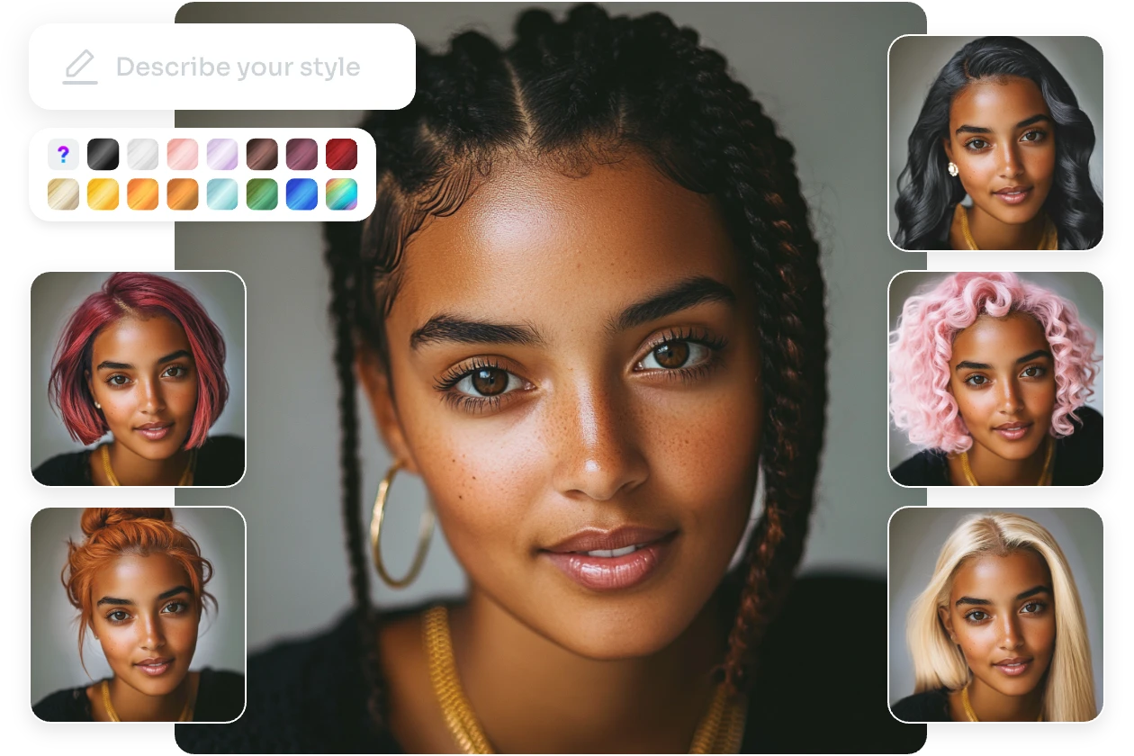 six different dreadlocks hairstyles with various hair colors and a color palette