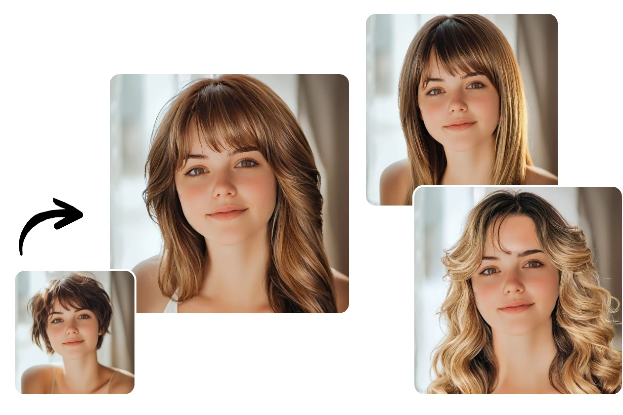 turn the girl short hair into three different long hair styles