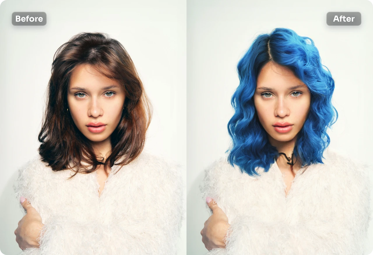 virtual try on blue curly hair to a female portrait with ai ease for free