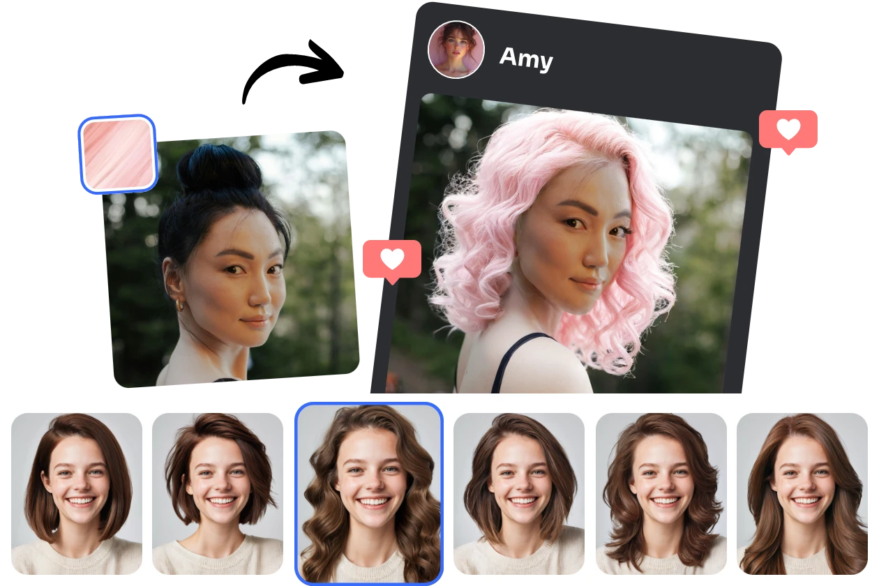 virtual try on curly pink haircuts using AI Ease and share it online