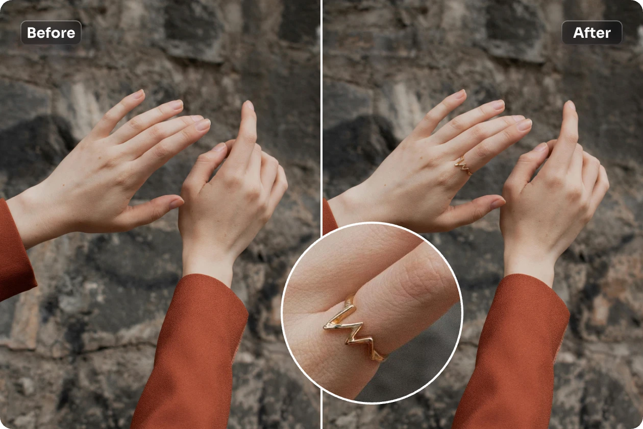 virtual try on earrings and bracelets to a woman hand closeup portrait