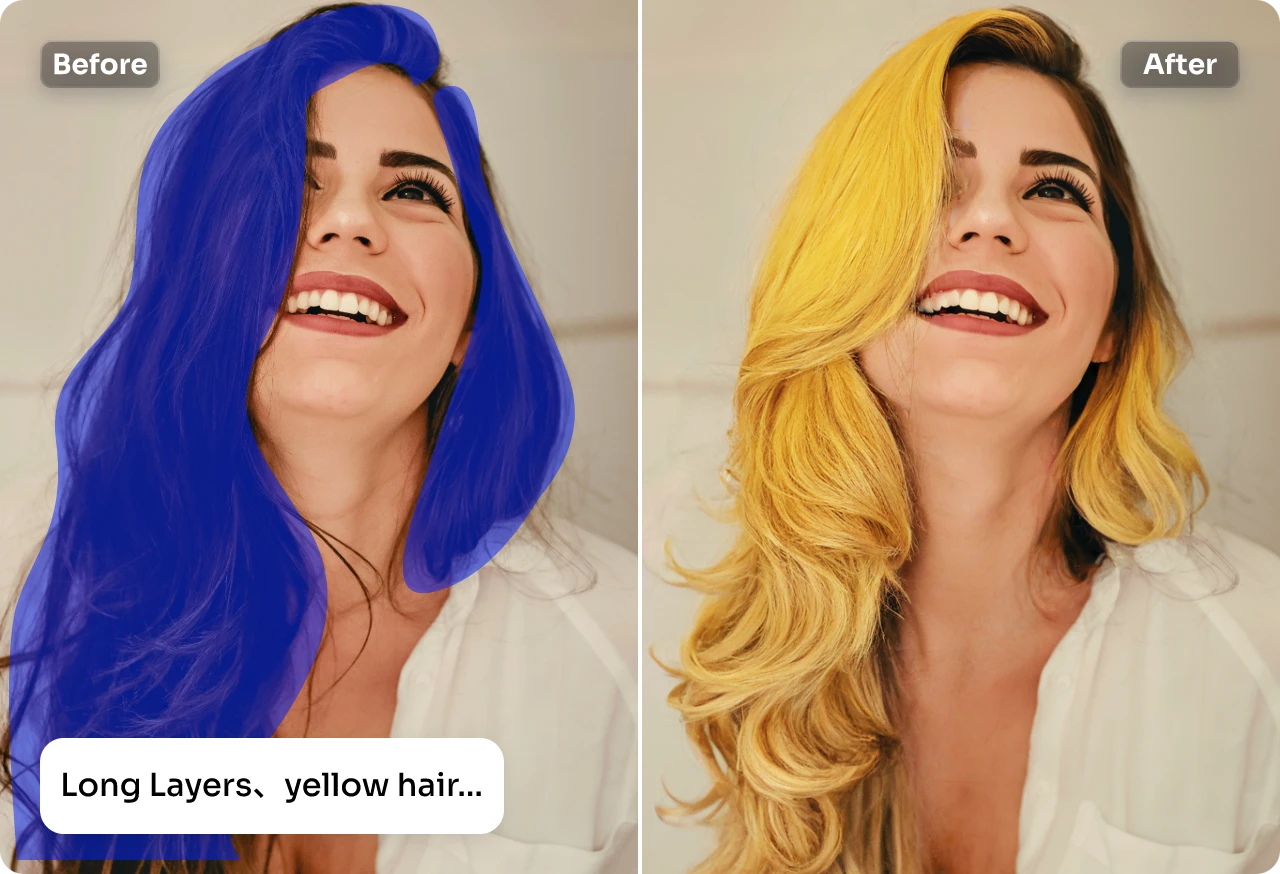 virtual try on yellow hair color via text prompt using AI Ease free ai replacer