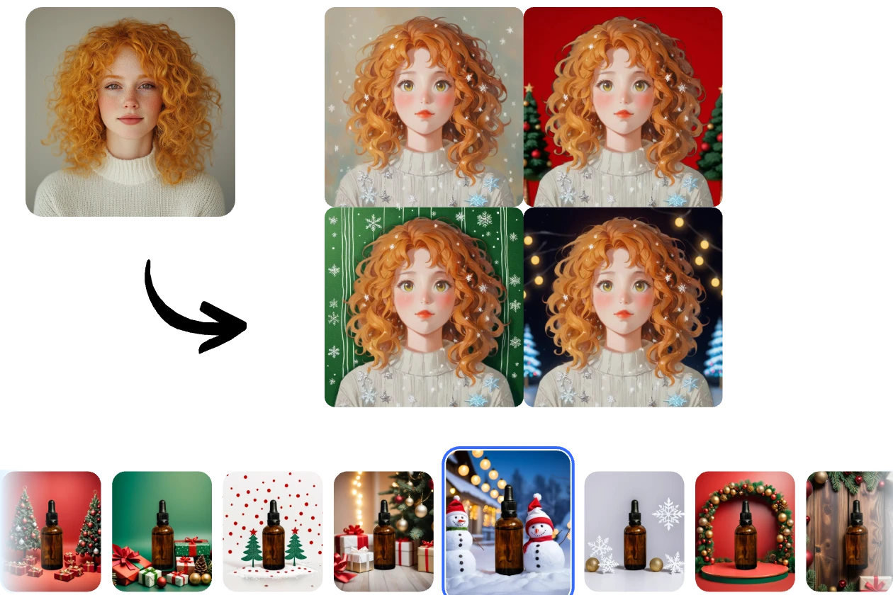 a blonde curly hair girl uses christmas filters and various christmas themed backdrops