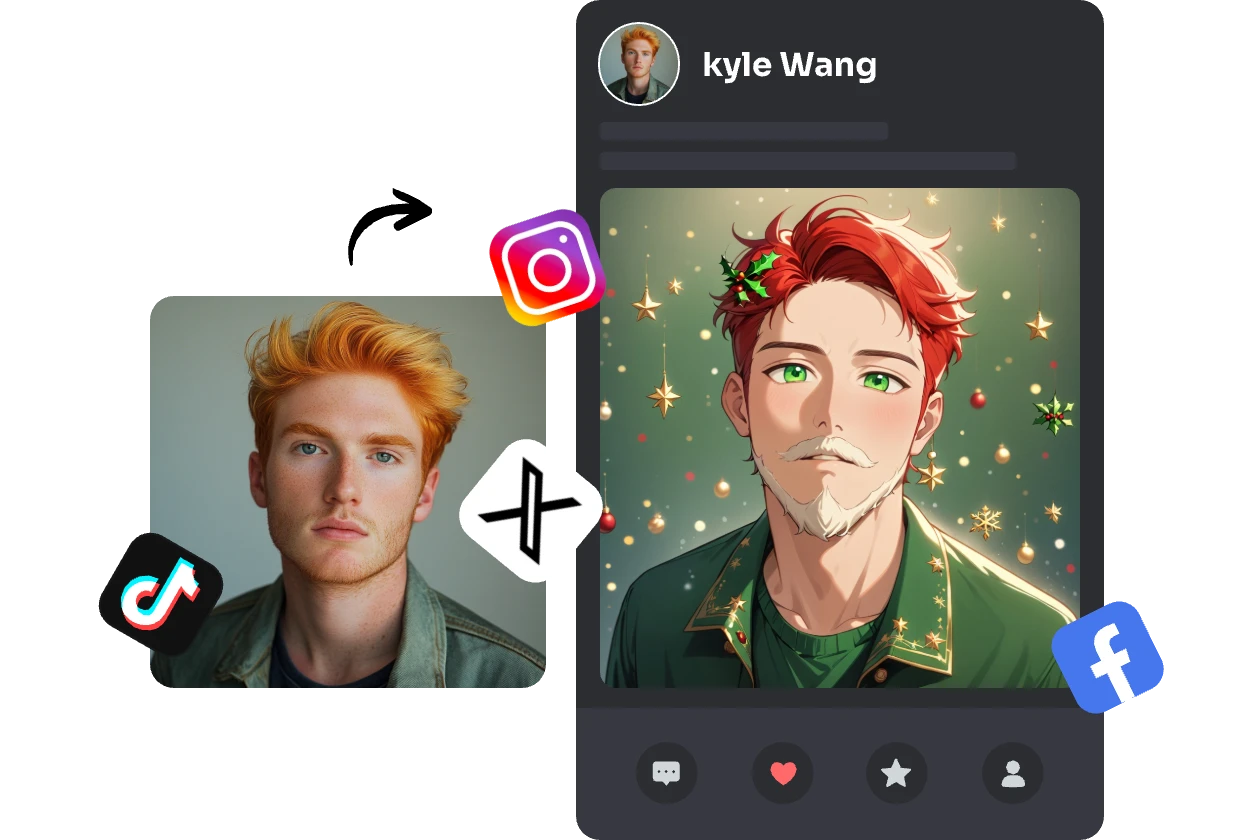 a man with short blonde hair uses christmas filter and post it online with tiktok ins x and facebook icons