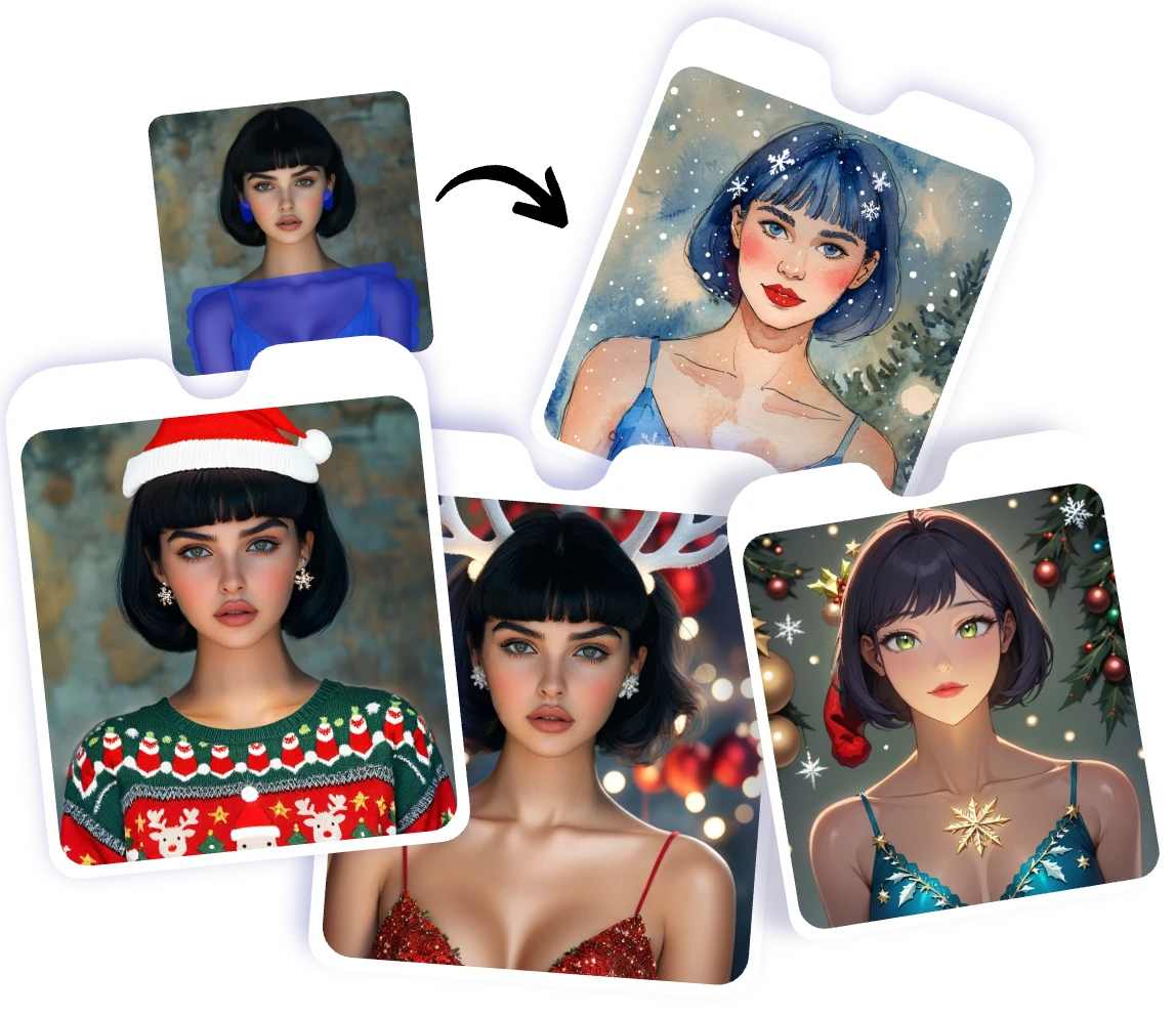 a short hair girl use christmas filter and try on christmas clothing and santa hat