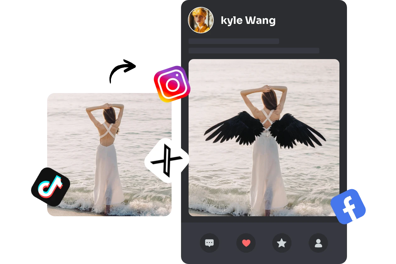 add a black angel wings to a photo and post it on social media with tiktok x ins and facebook icons