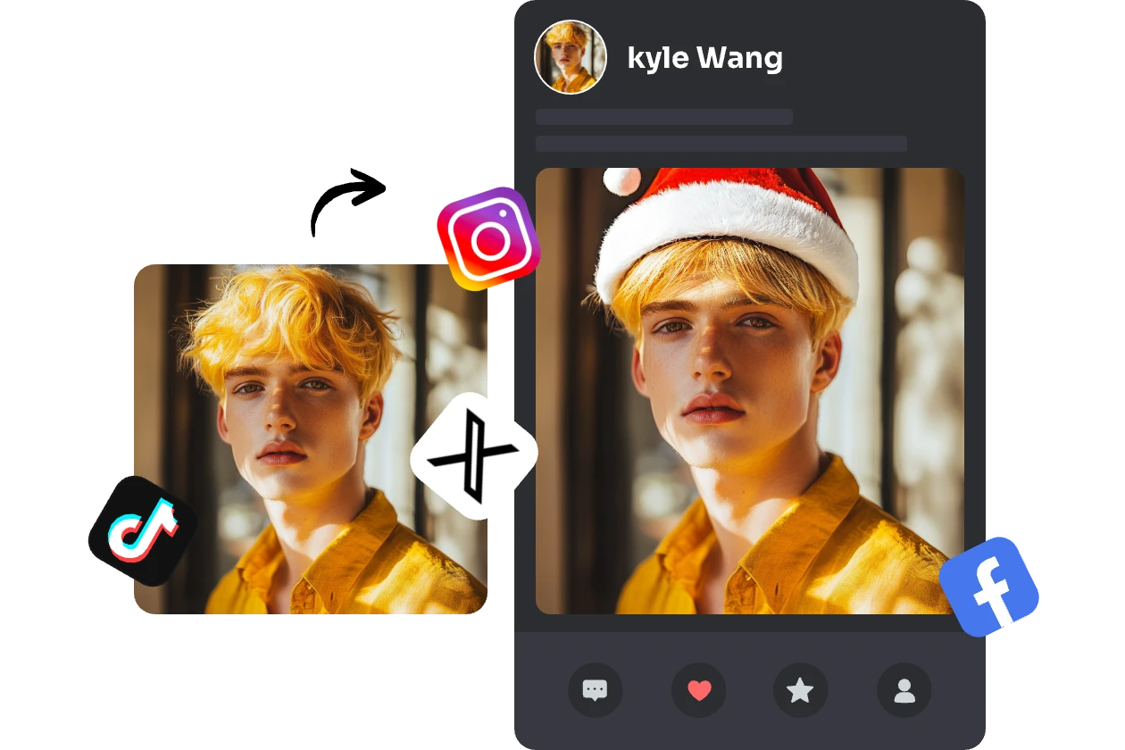 add a santa hat to the man photo and post it online with ins x tiktok and facebook icons