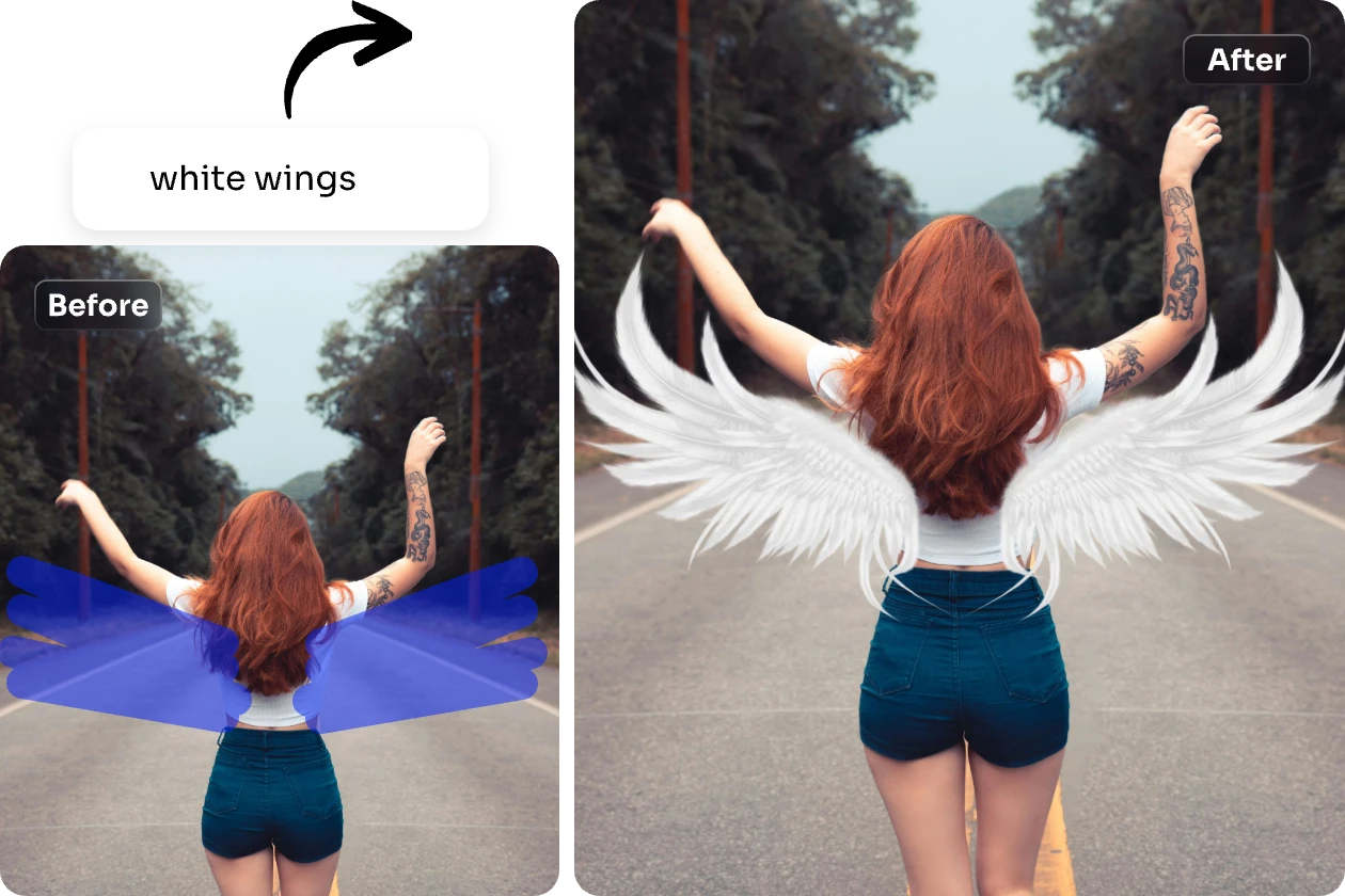 add a white angel wings to a girl standing on the middle of the road with a text prompt