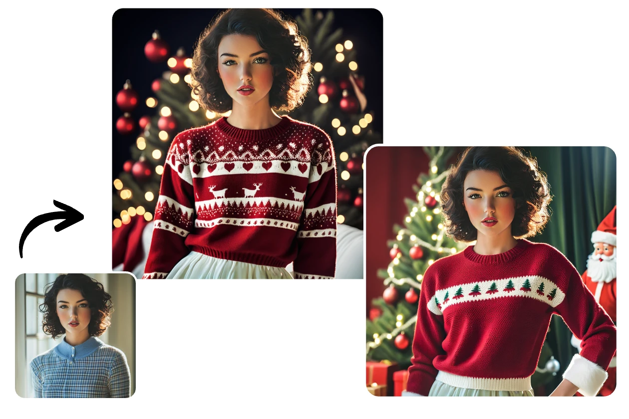 add christmas sweaters and christmas backgrounds to a everyday portrait