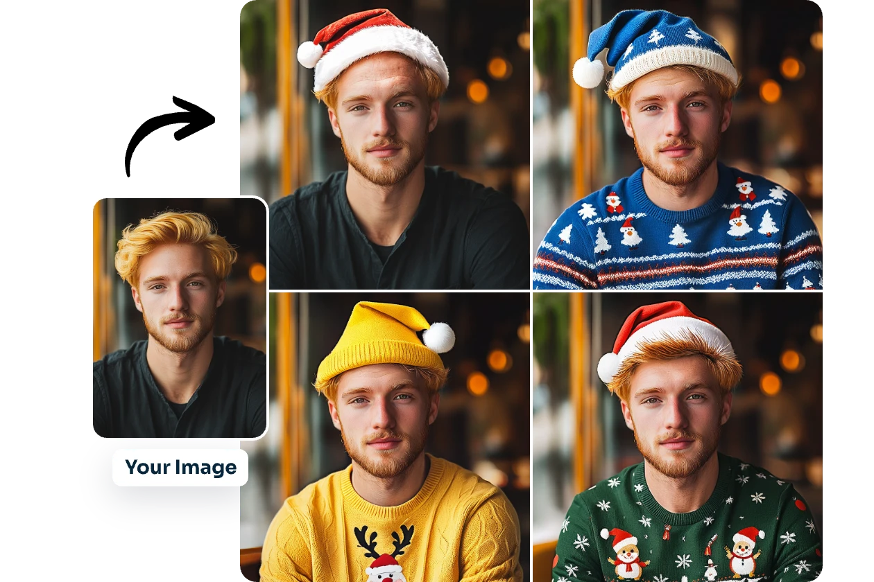 an original man portrait and four photos with red blue yellow santa hats