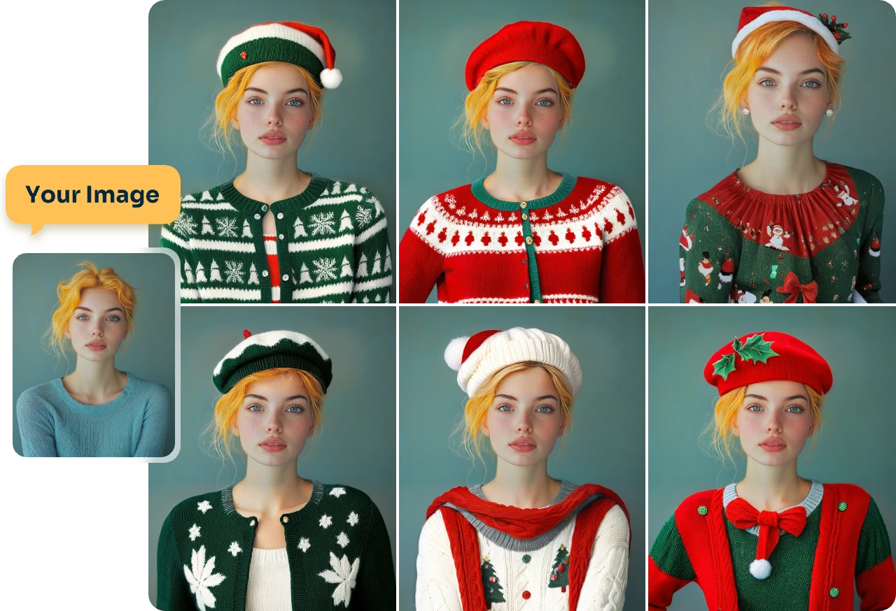 an original woman portrait and six photos of trying on fantasy christmas clothes and hats