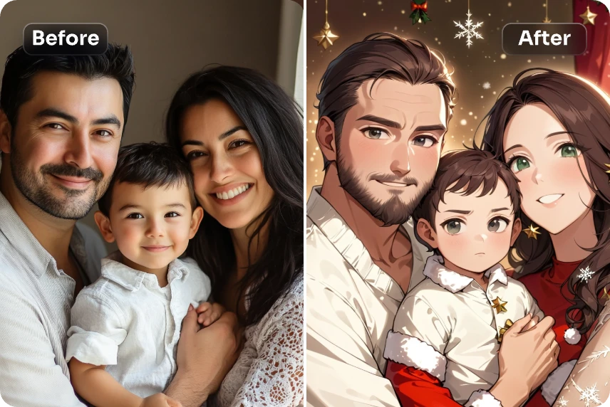 before and after contrast of a family photo using christmas filter