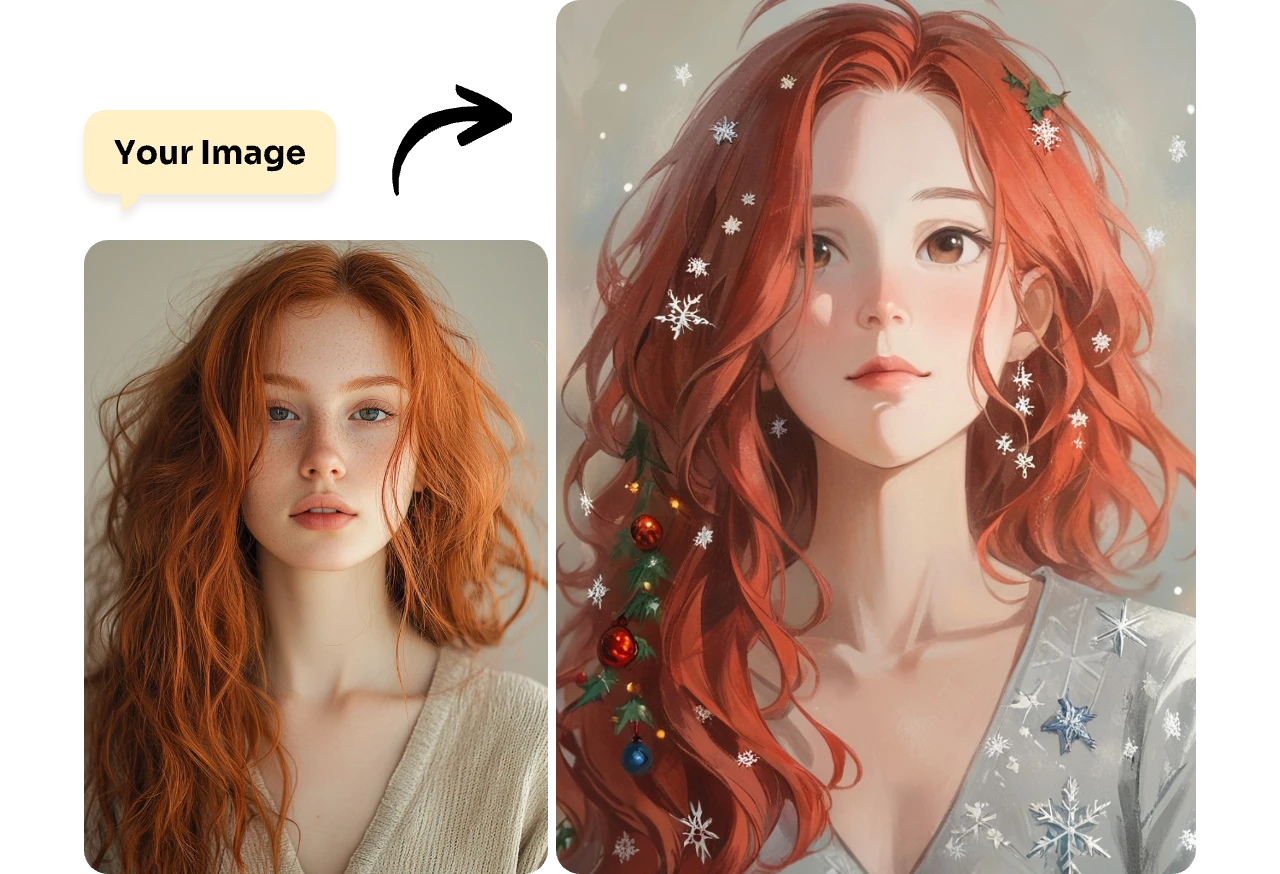 before and after contrast of a red hair girl using christmas filter in aiease