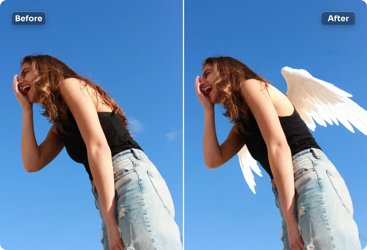 before and after contrast of adding a pair of white angel wings to a girl