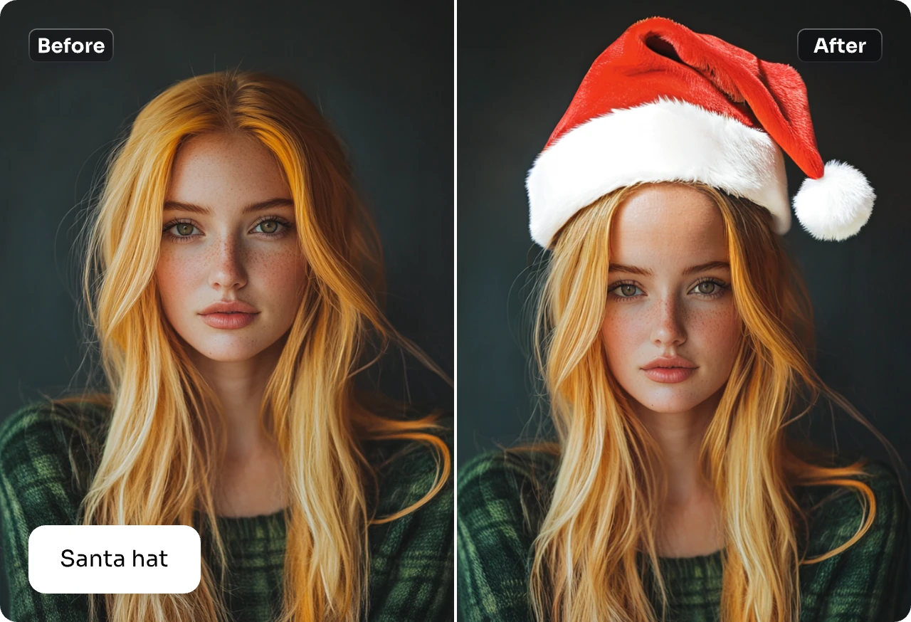 before and after contrast of adding a santa hat to a long blonde hair girl