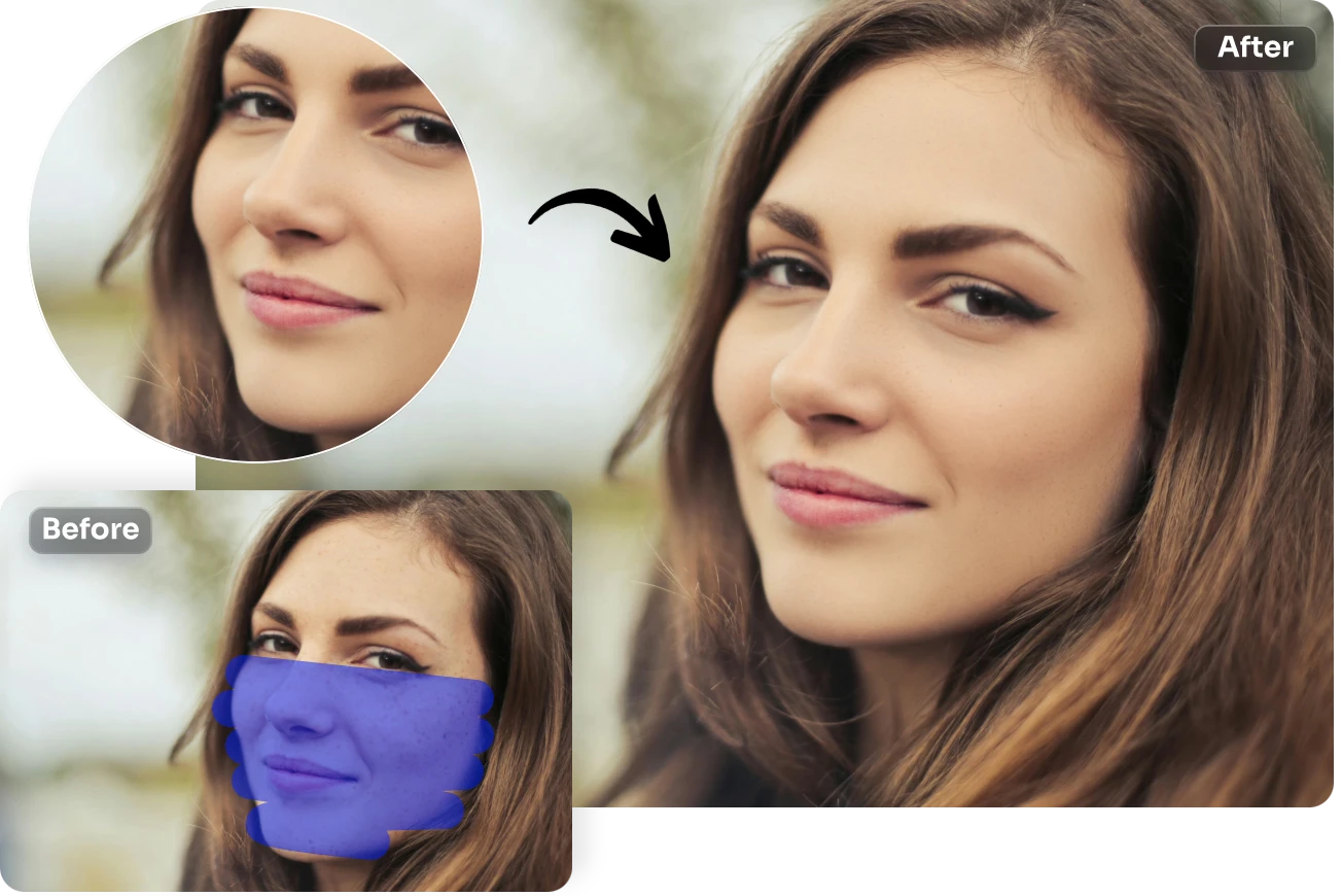 brush over and retouch the blemishes in the female face image using AI Ease