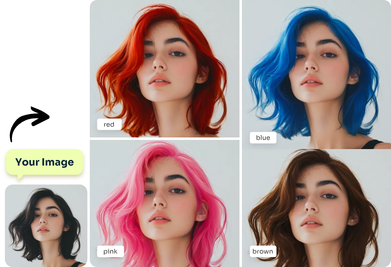 change a woman's hair color to four different colors with ai ease free ai hair color changer