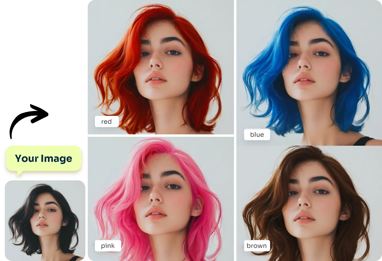 change female curly bob hair into four different colors in photos using AI Ease for free