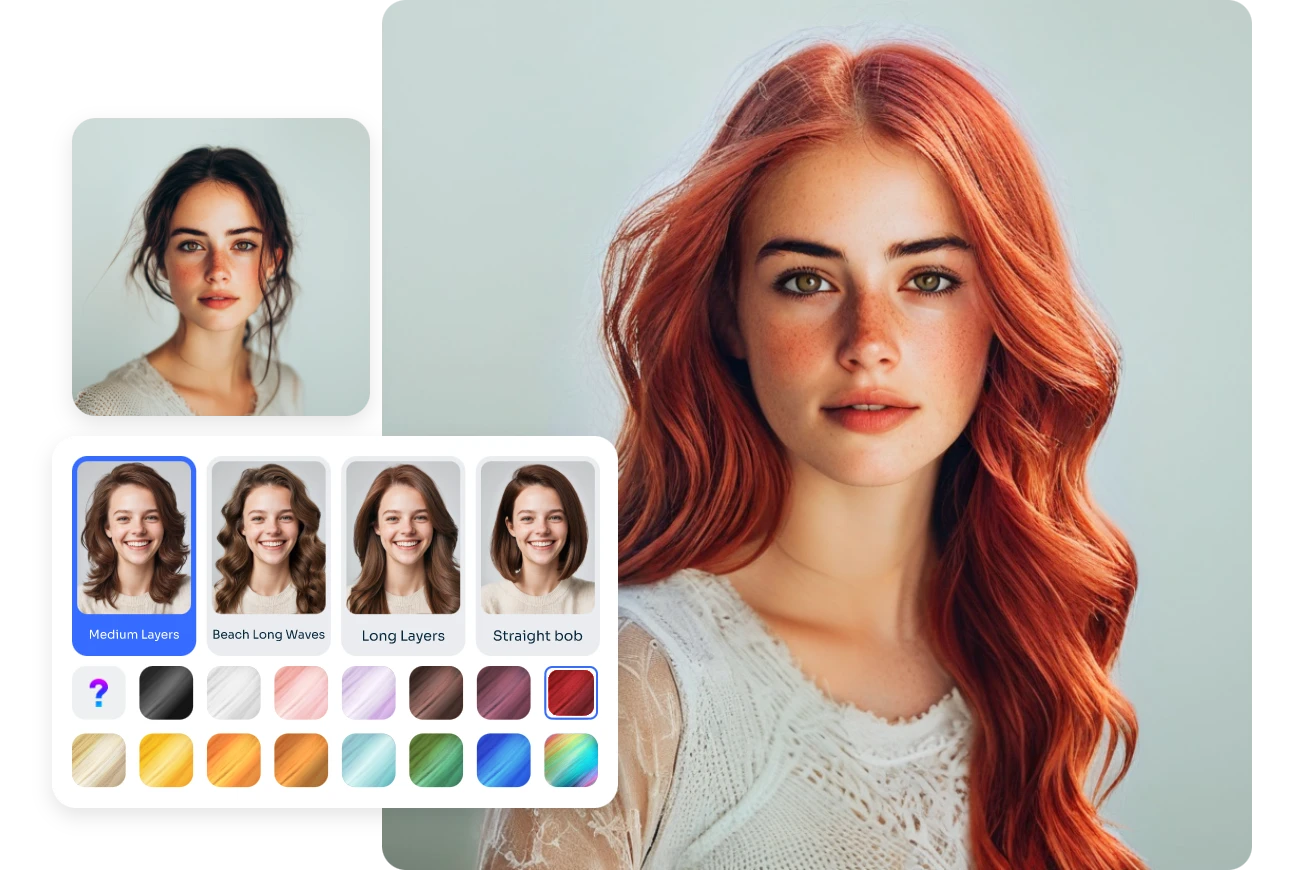 change female hairstyle into orange long curly hair using AI Ease