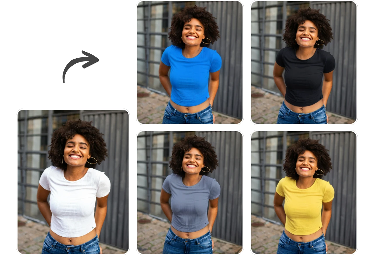 change female shirt color into different four colors using AI Ease online AI recolor tool