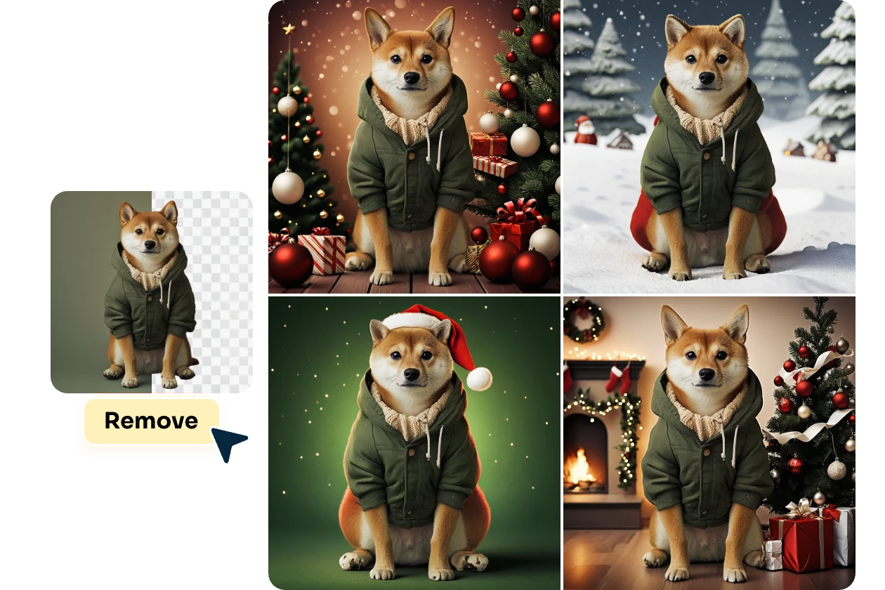 change the background of a dog image with four various styles of christmas backgrounds