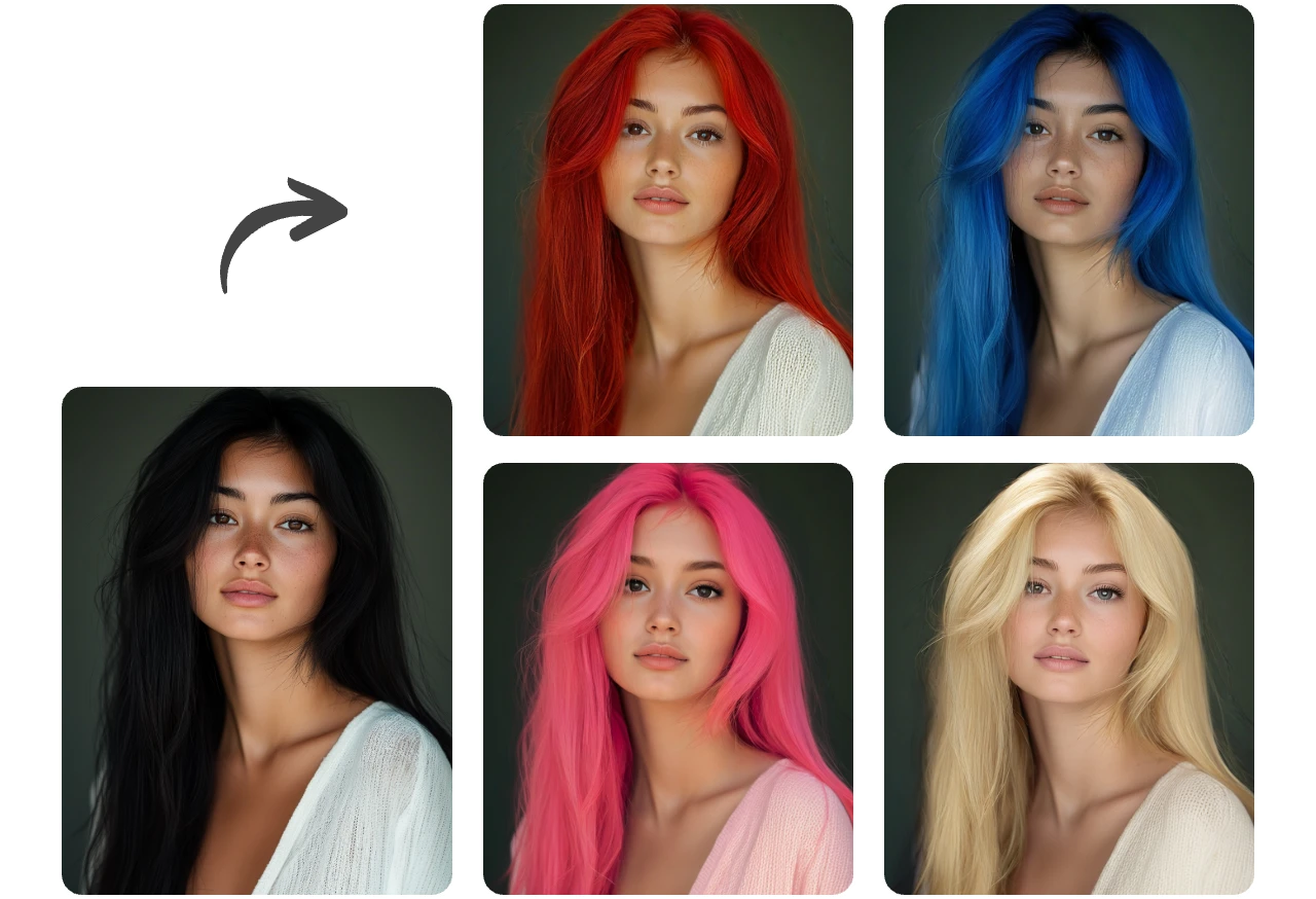 change the woman's black hair to red pink blue and white