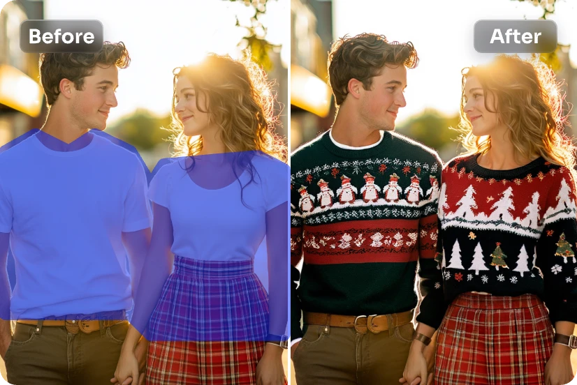 change the young couple clothes to christmas sweaters