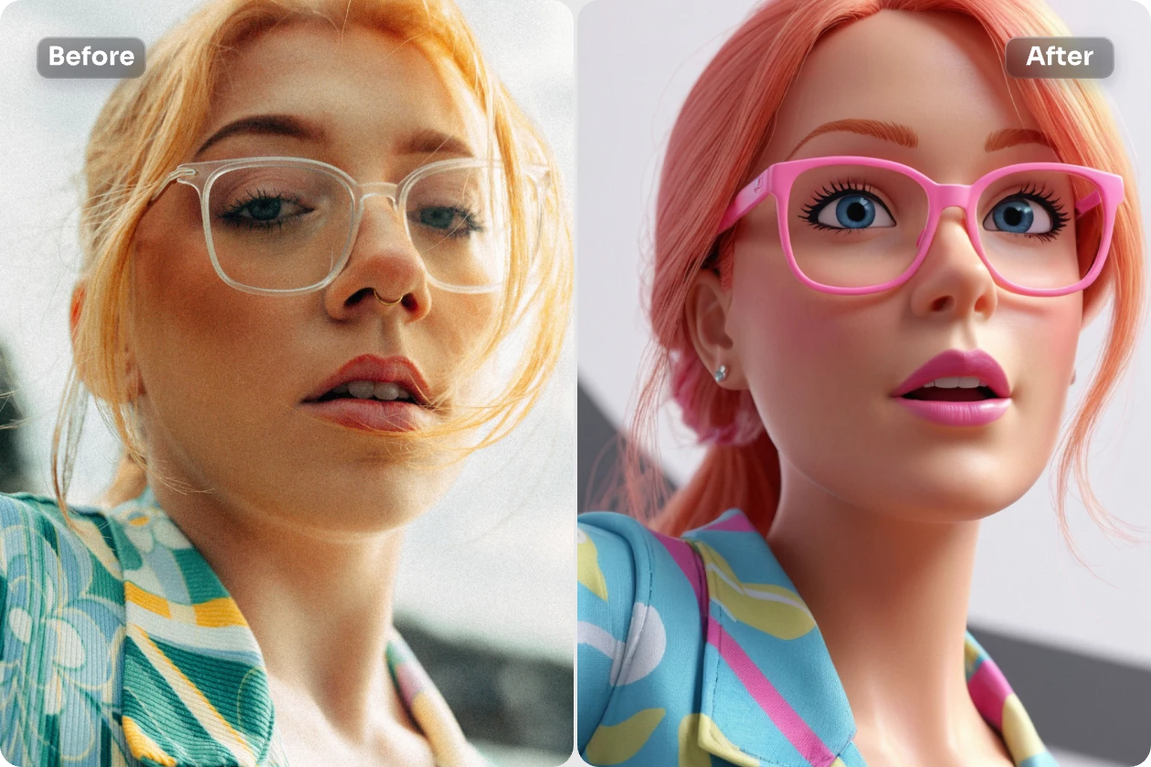 convert a blonde hair woman selfie into pink barbie in seconds with ai